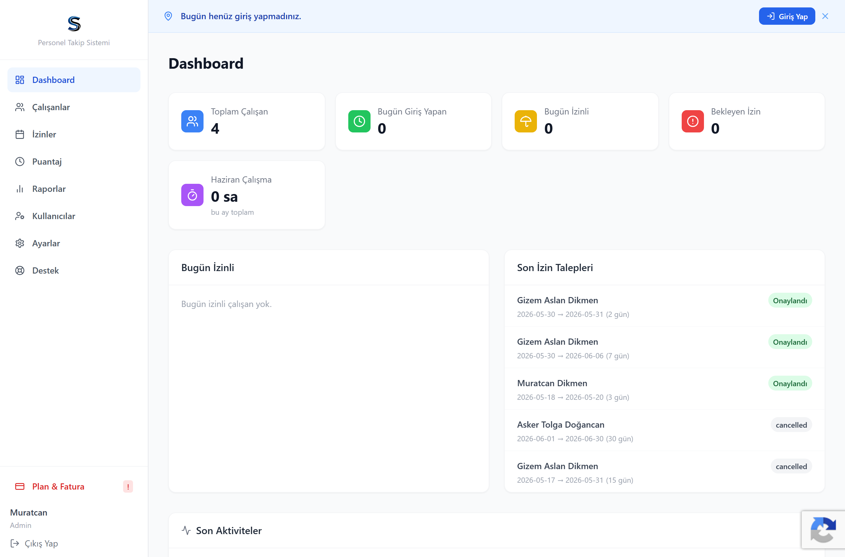 dashboard ekranı